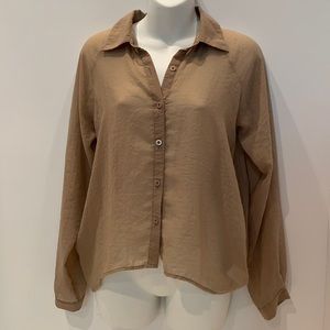 Sheer Taupe Long Sleeve Blouse With Cut Out Back